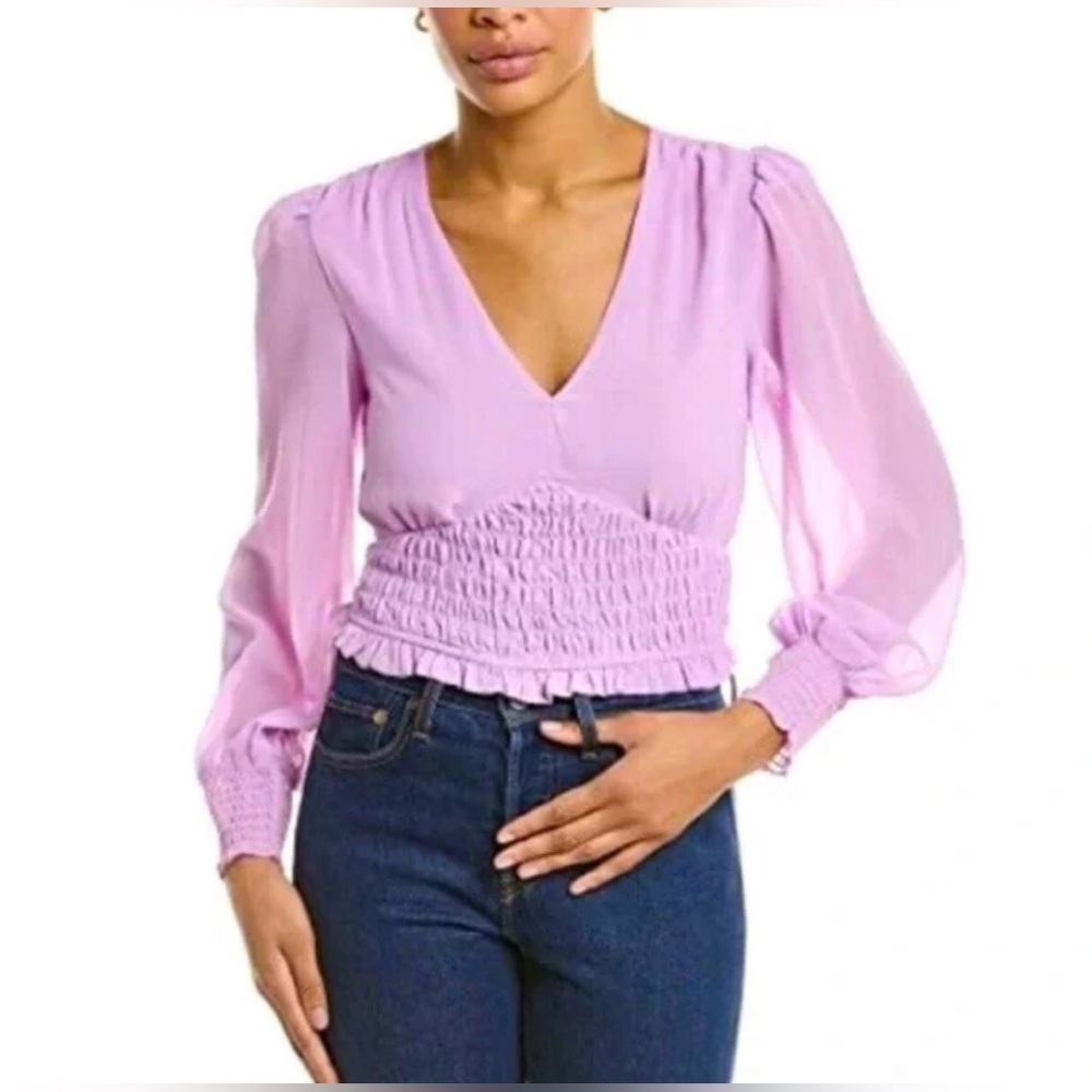 1. State, Elegant Pink Top with Long balloon Sleeve, Smocked at Cuffs & Waist